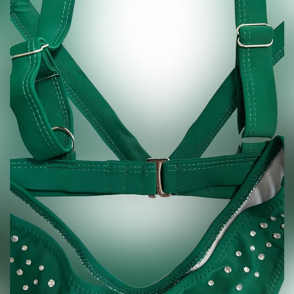 Emerald Green Rhinestone Triangle High Cut Cheeky Bikini Set - Picture 4 of 10